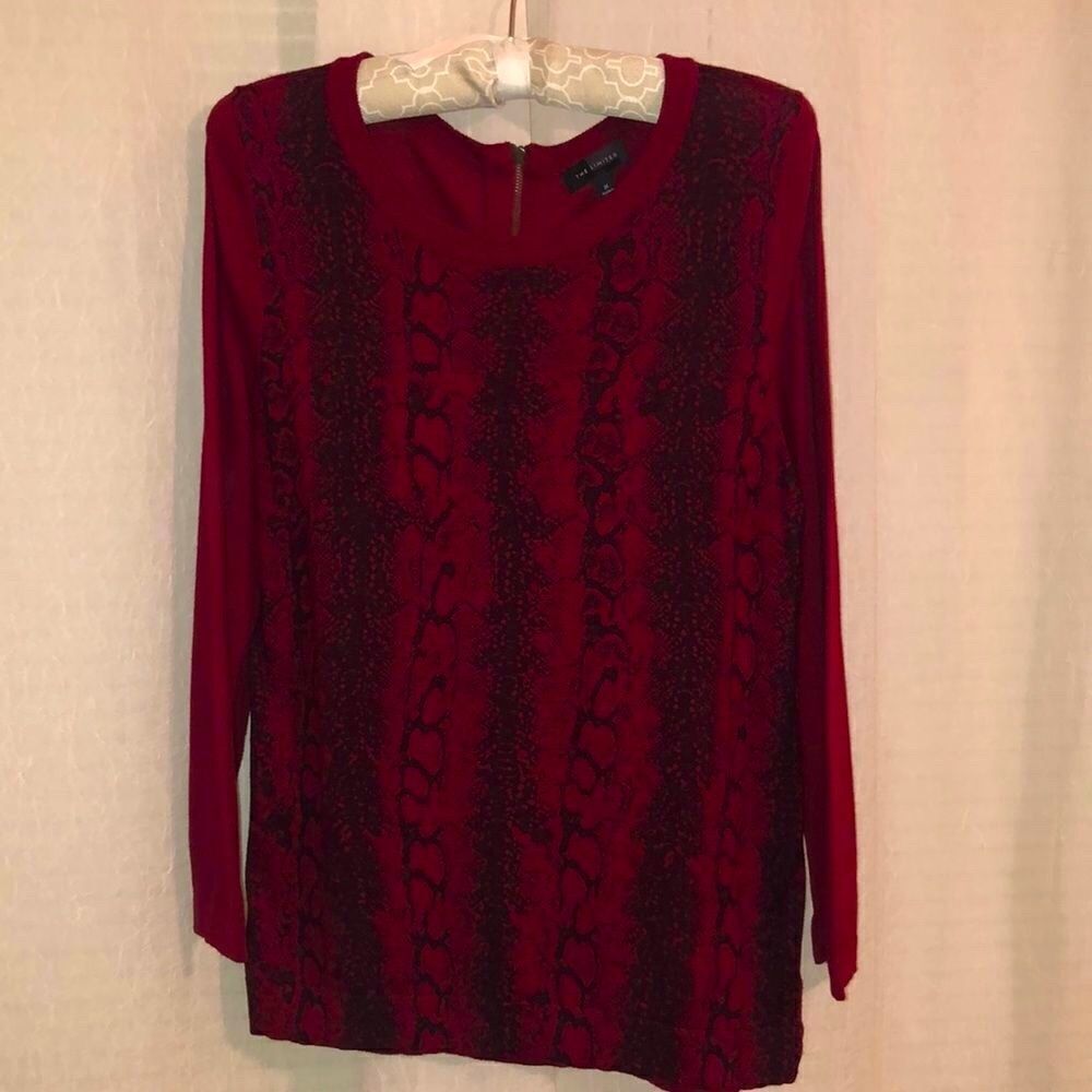 The Limited M Burgundy Black Snake Print Front Light Crewneck Sweater Back Zip